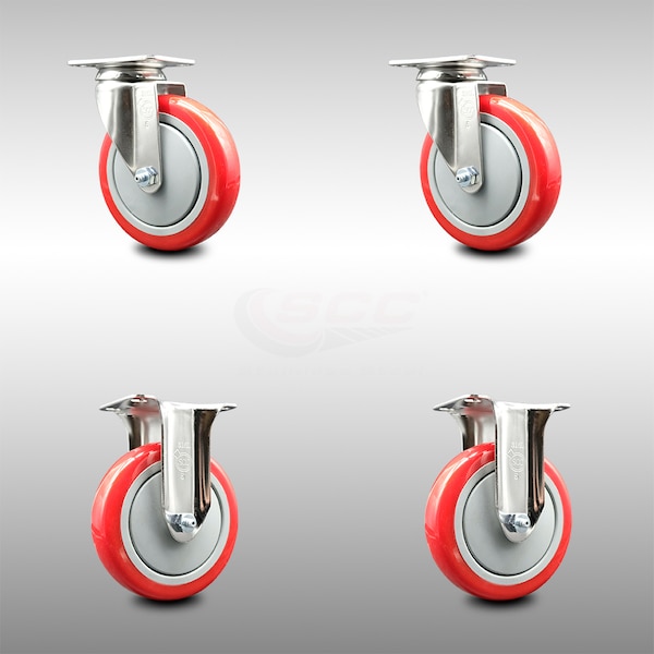 Service Caster 5 Inch 316SS Red Polyurethane Wheel Swivel Top Plate Caster Rigid SCC, 2PK SCC-SS31620S514-PPUB-RED-2-R-2 - main